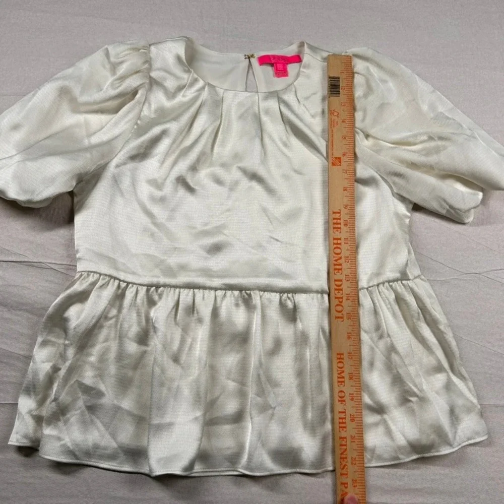 Lilly Pulitzer Top Womens 2 Cream Satin Puff Sleeve Peplum Blouse Ivory Pleated